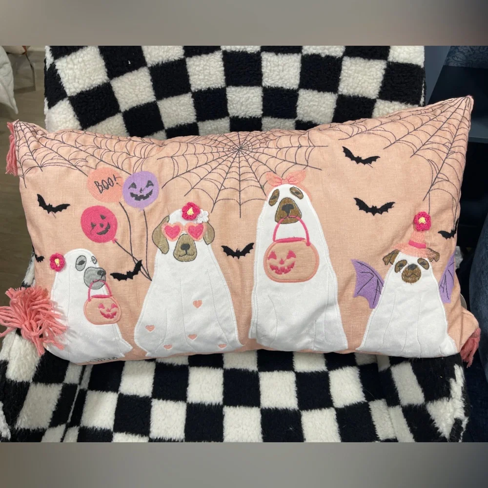 Pink Halloween Ghost Dogs Trick or Treating Embroidered Pillow Pink Tassels NWT